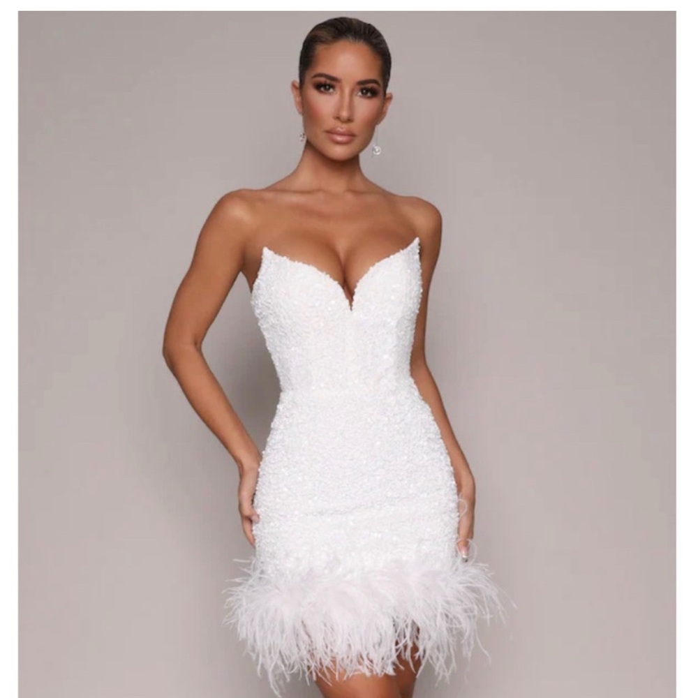 Moda Glam Boutique Ziva strapless sequin mini dress with feather trim white